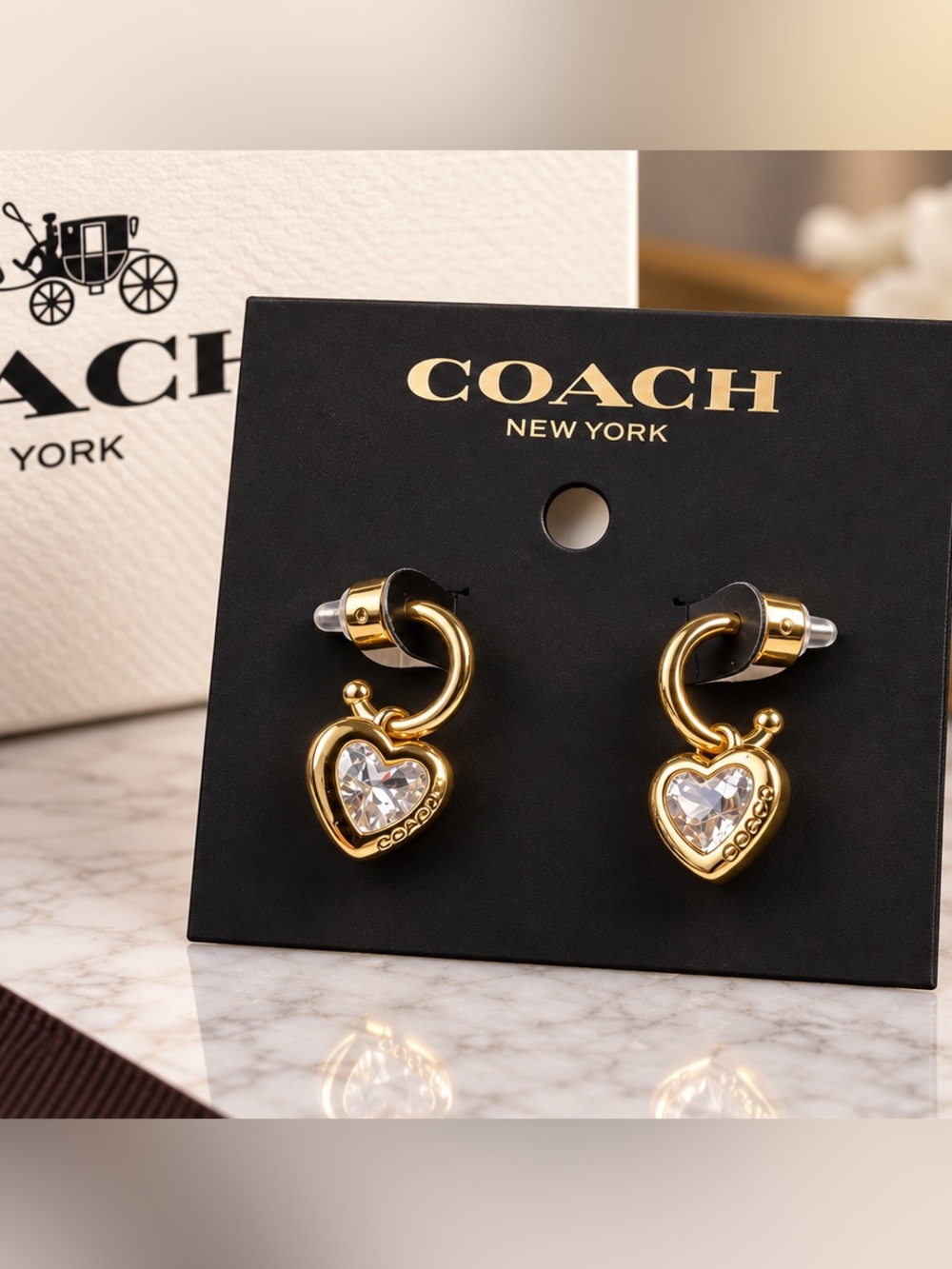 Coach Gold Heart Drop Earrings with Clear Crystal Centers